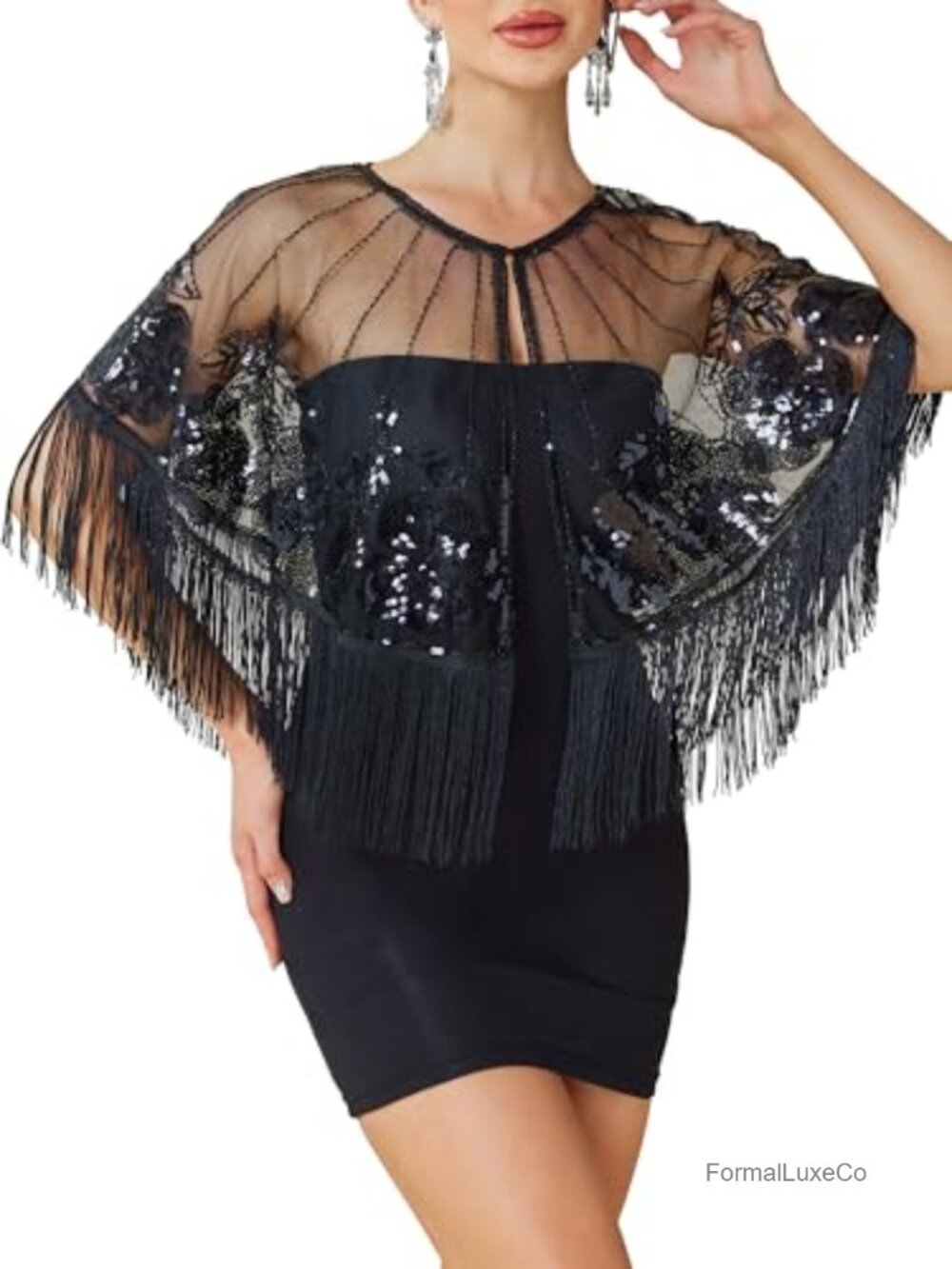 1920s Sequin Beaded Flapper Evening Shawl Wrap, Great Gatsby Party Cape
